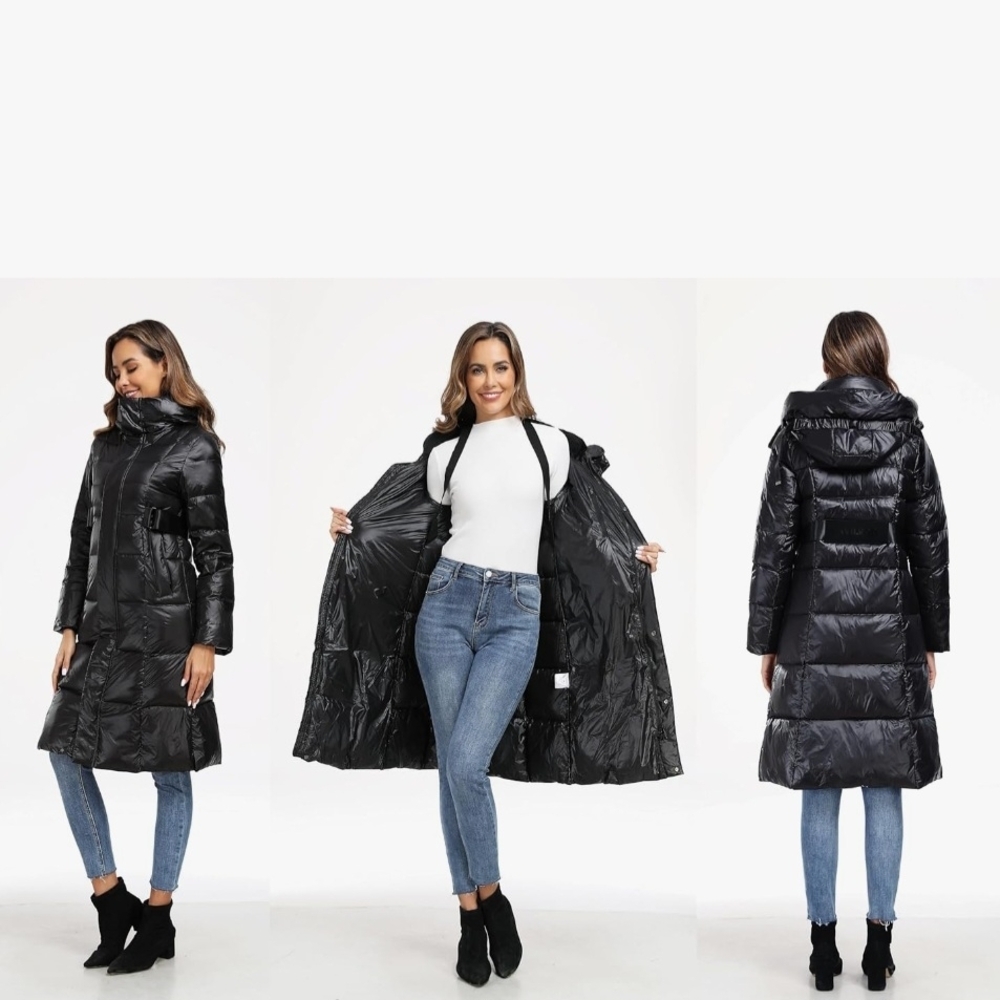 Ducksdown Filling Shiny Black Puffer Coat NWT - Picture 2 of 9